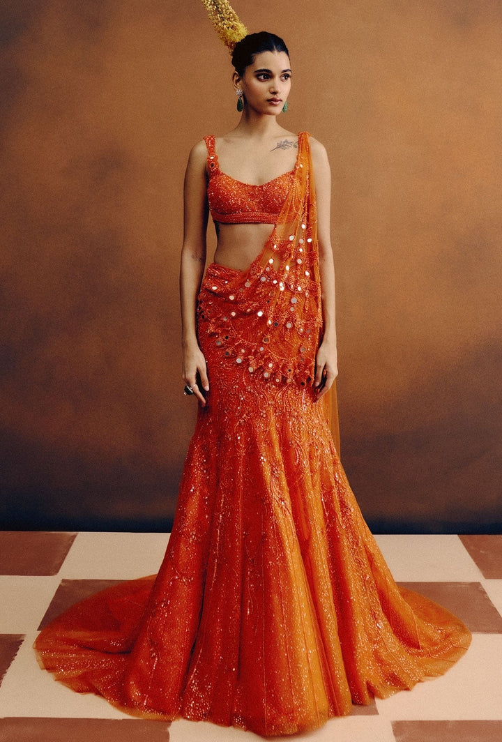 Kavya Molten Sunset Net Sari - front