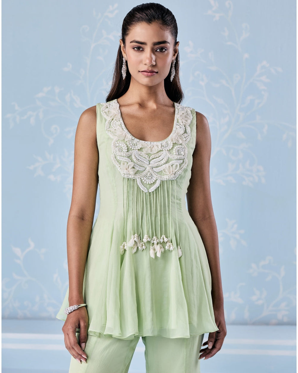 Naira Mint Green Peplum Pants Set - detail