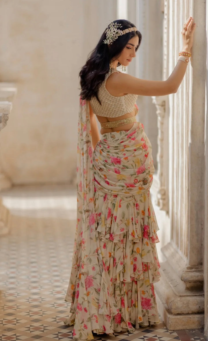 Indira Pre-Stiched Saree in Ivory