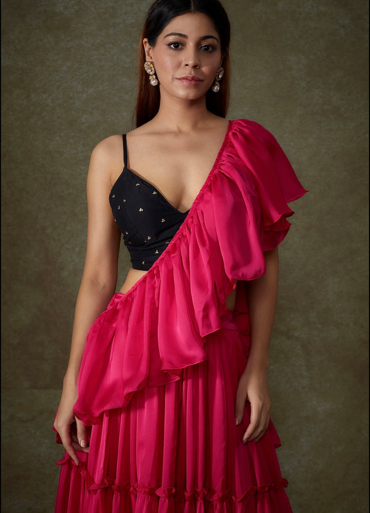 Pooja Pink Satin Pre-Draped Ruffle Saree