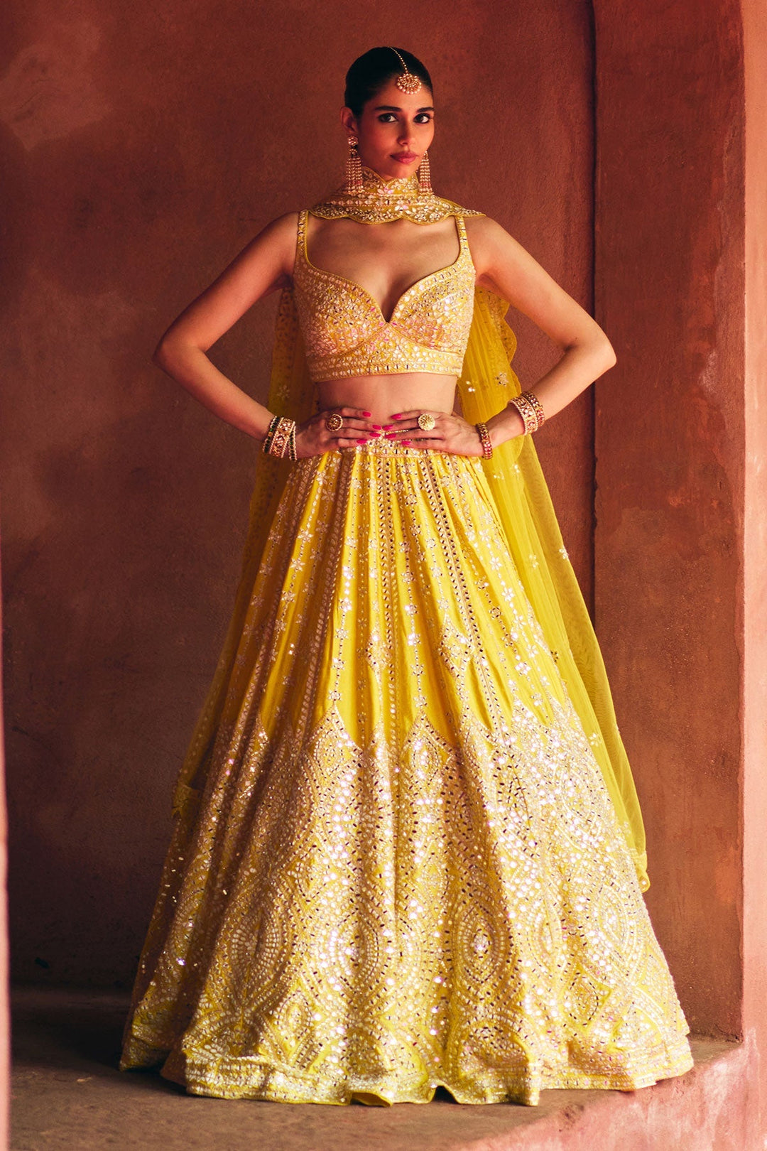 Tarini Yellow Raw Silk Lehenga - front