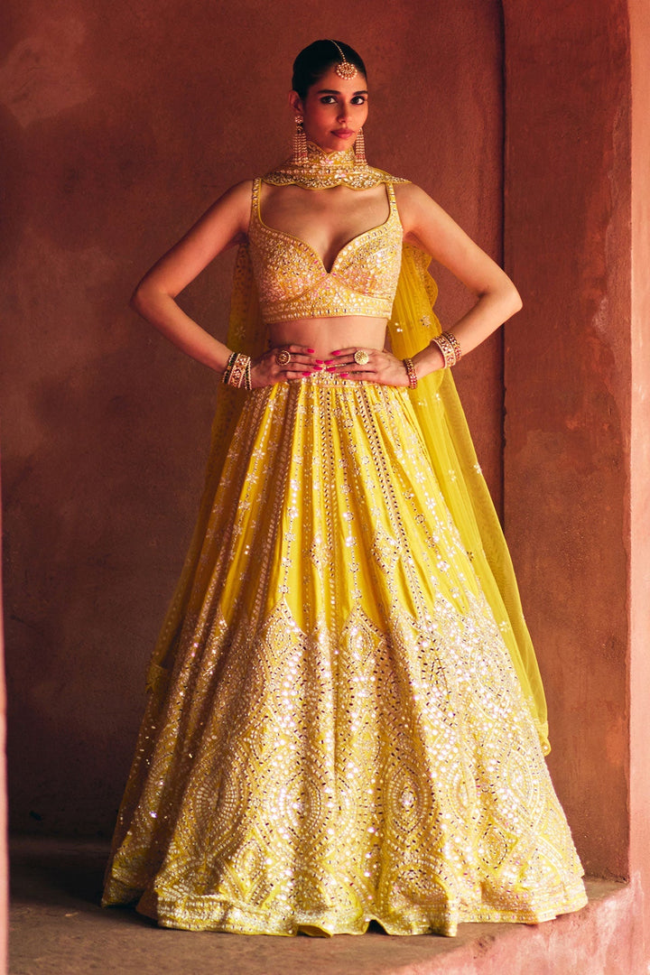 Tarini Yellow Raw Silk Lehenga - front