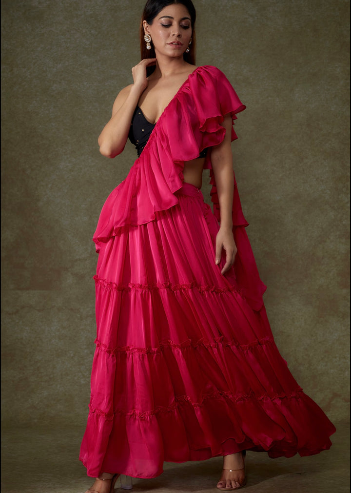 Pooja Pink Satin Pre-Draped Ruffle Saree
