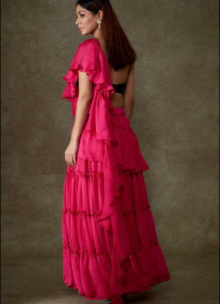 Pooja Pink Satin Pre-Draped Ruffle Saree