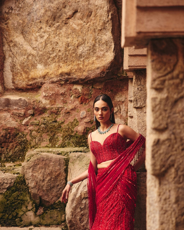 Falak Vermillion Red Tulle Sari - blouse detail