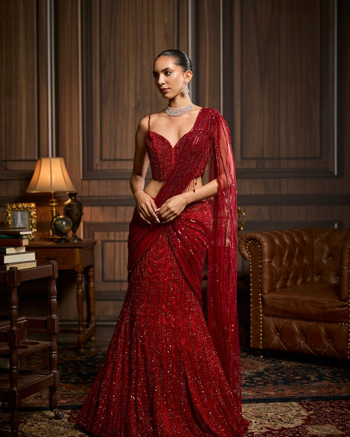 Falak Vermillion Red Tulle Sari - full set