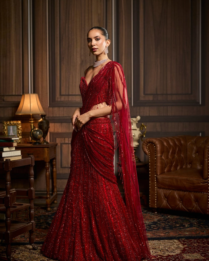 Falak Vermillion Red Tulle Sari - front