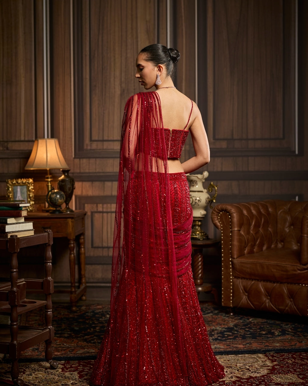 Falak Vermillion Red Tulle Sari - side