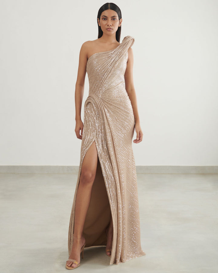 Sana Champagne Gown by Gaurav Gupta - front