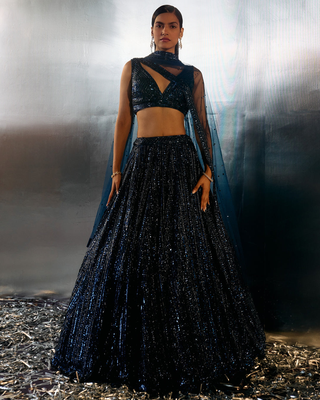 Meera Electric Blue Net Lehenga - front