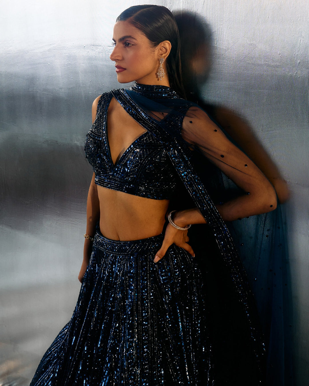 Meera Electric Blue Net Lehenga - embroidery detail