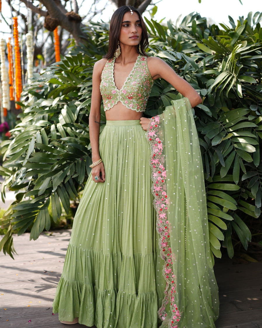 Ishika Pistachio Green Lehenga - detail