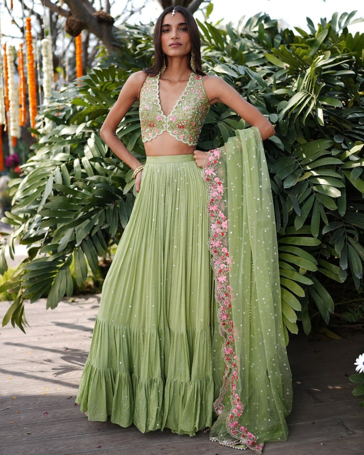 Ishika Pistachio Green Lehenga - front