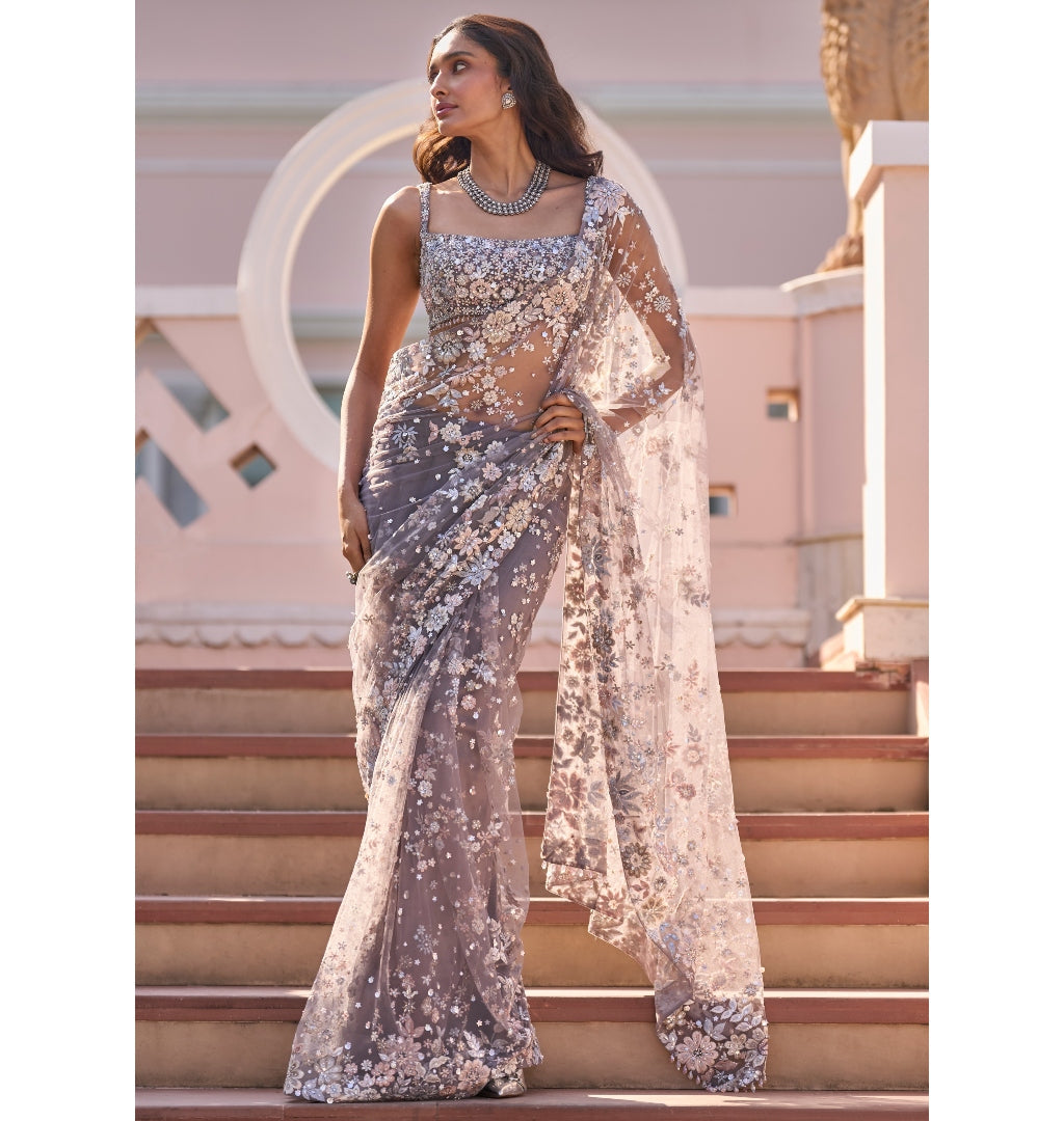 Zoha Stone Grey Tulle Sari - front