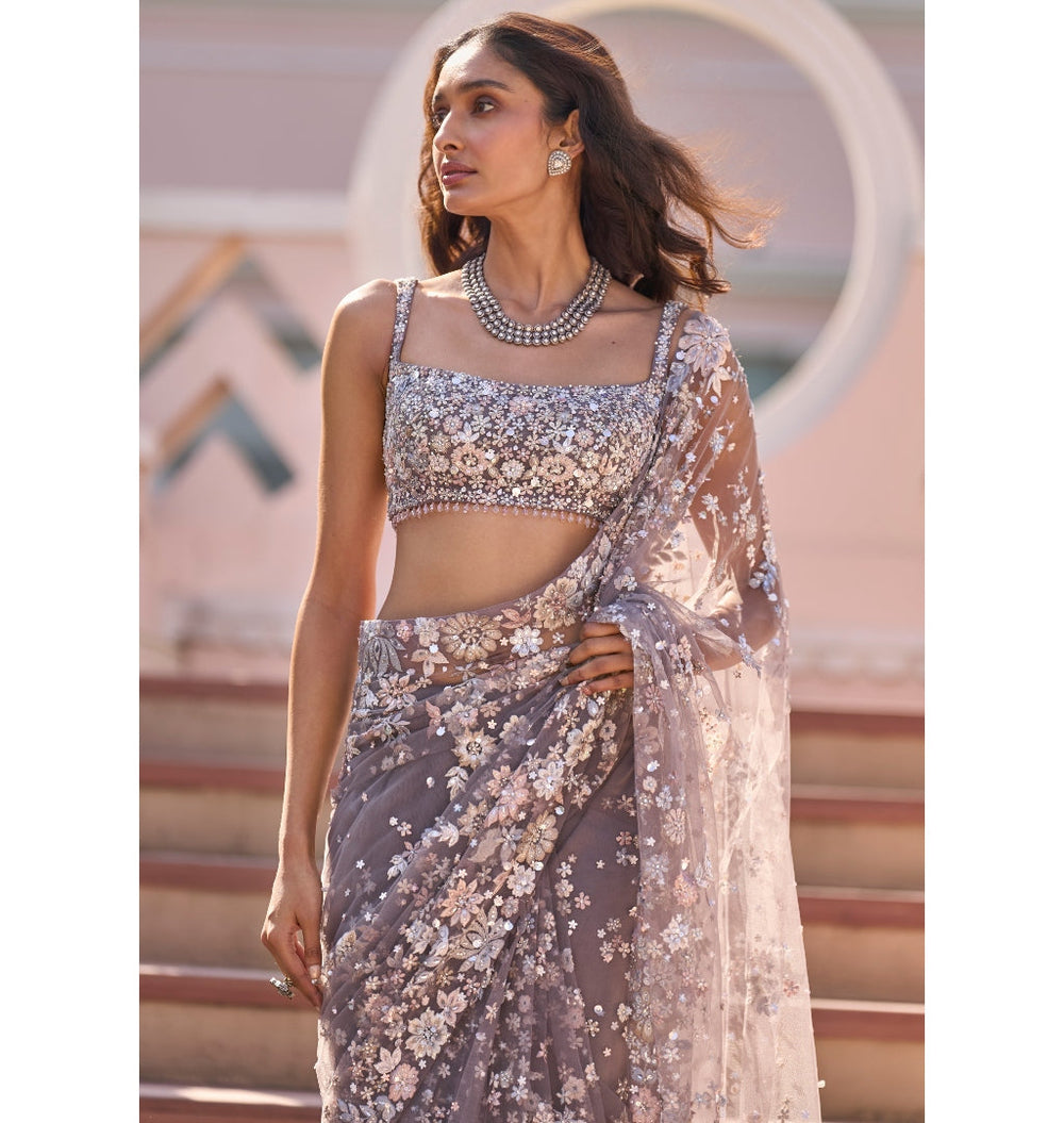 Zoha Stone Grey Tulle Sari - detail