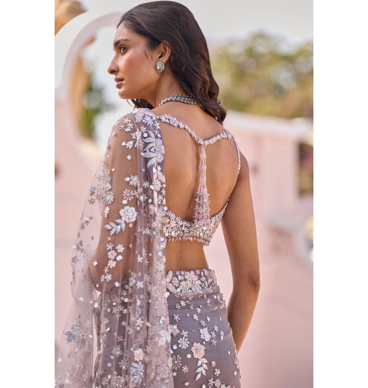 Zoha Stone Grey Tulle Sari - full set