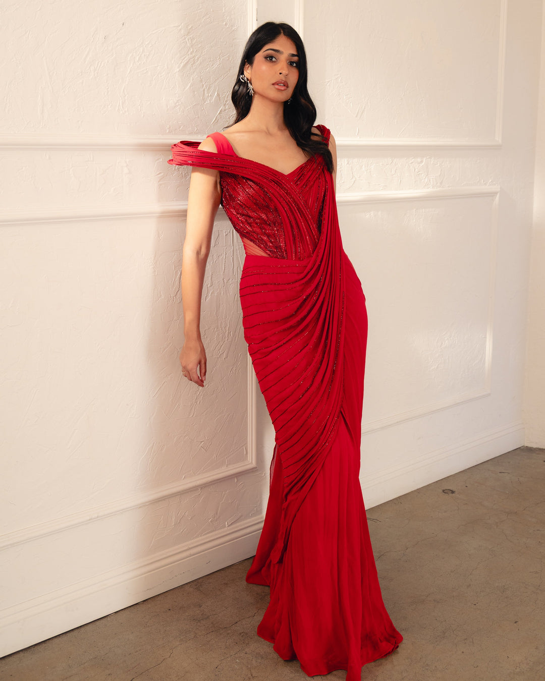 Kiara Lava Red Sari Gown by Gaurav Gupta - side