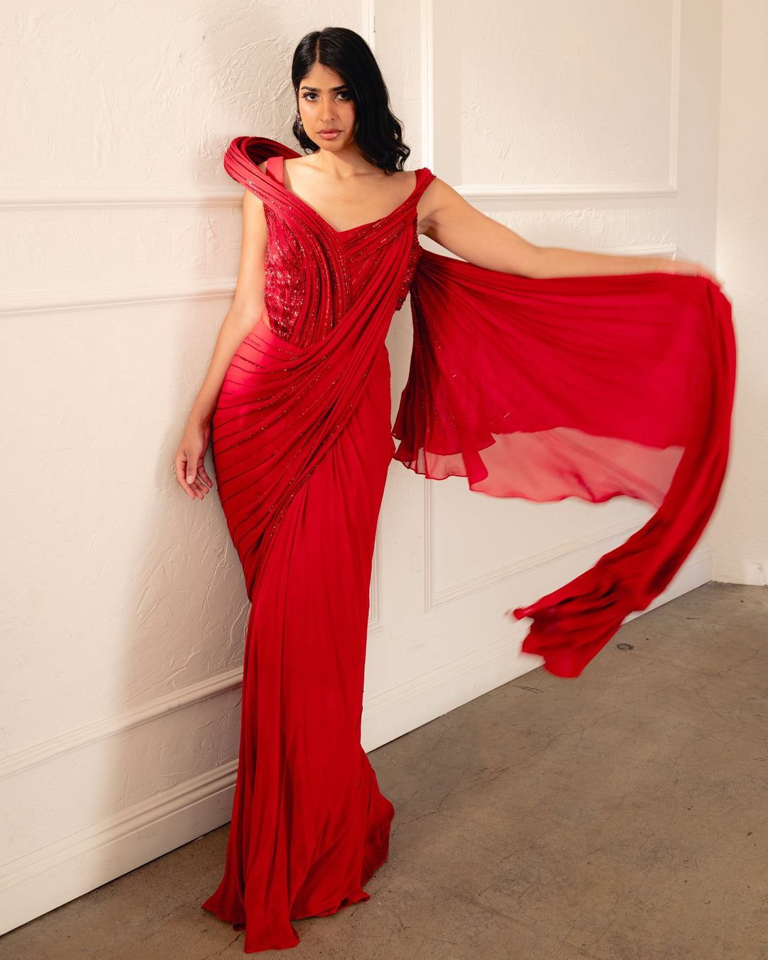 Kiara Lava Red Sari Gown by Gaurav Gupta - front