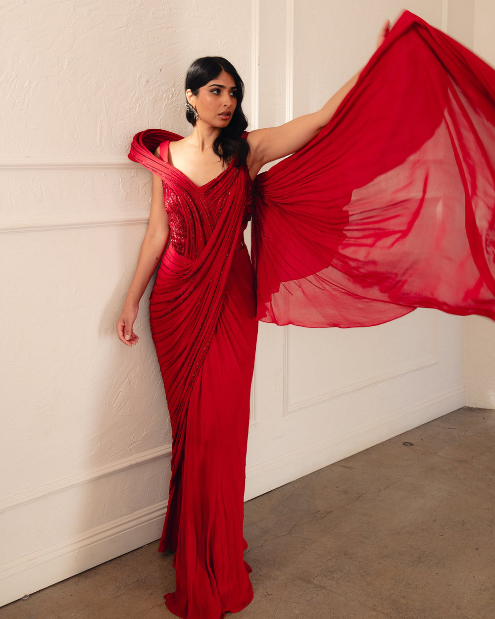 Kiara Lava Red Sari Gown by Gaurav Gupta - detail