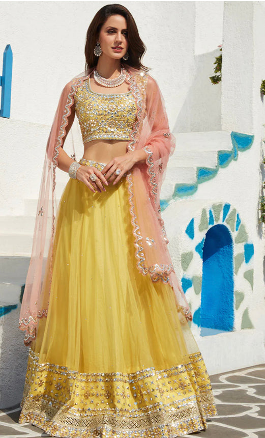 Meeta Lehenga in Yellow/Pink